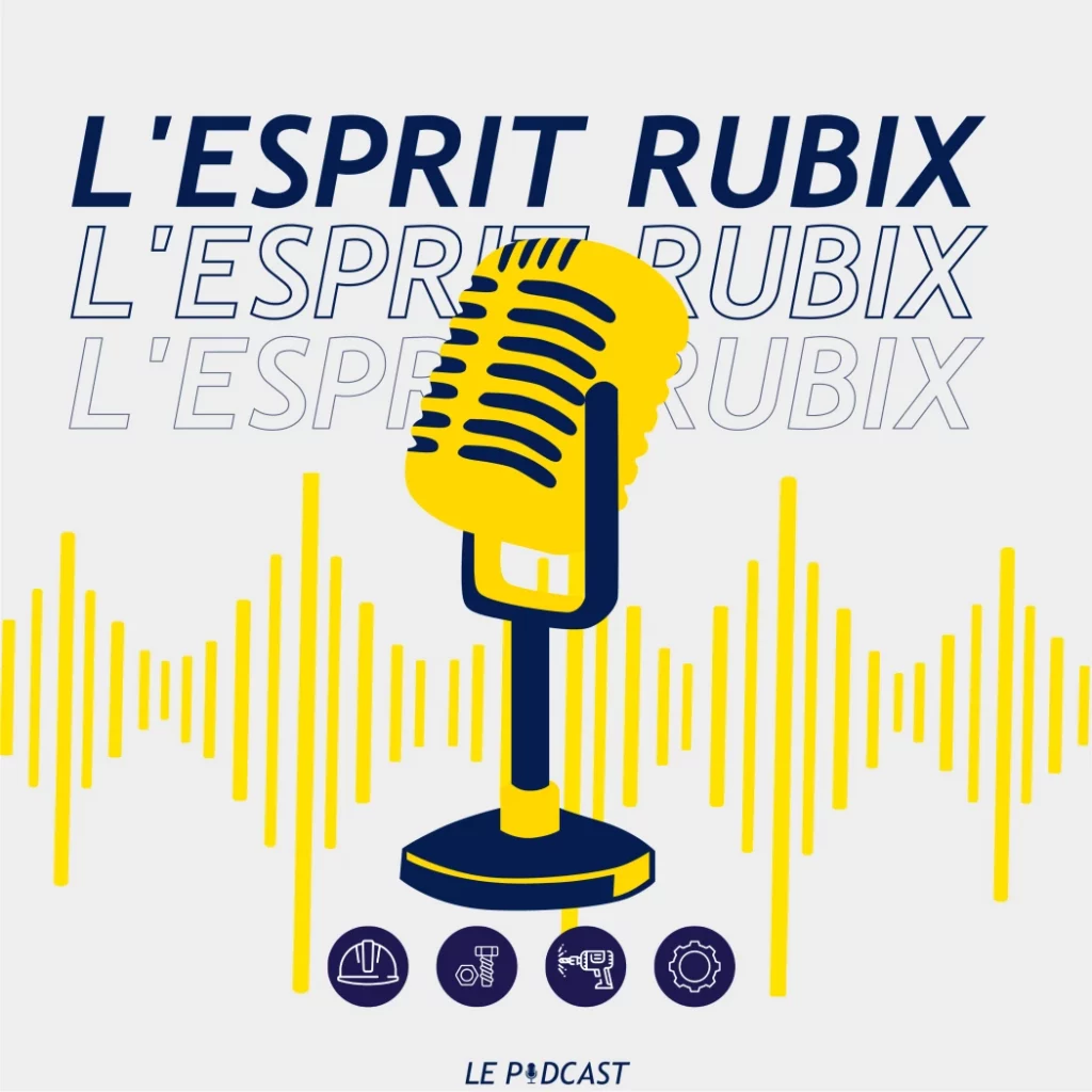 Logo du podcast "L'Esprit Rubix" avec un micro jaune et des ondes sonores sur fond bleu et blanc.