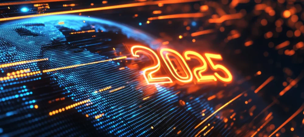 Représentation numérique de la planète avec l’année 2025 en surbrillance, illustrant les tendances technologiques