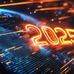 Représentation numérique de la planète avec l’année 2025 en surbrillance, illustrant les tendances technologiques
