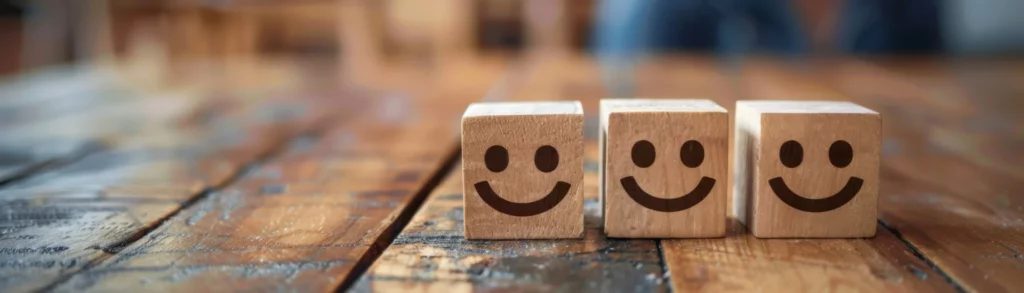 Trois cubes en bois avec des visages souriants Trois cubes en bois alignés avec des visages souriants, représentant une expérience client positive.