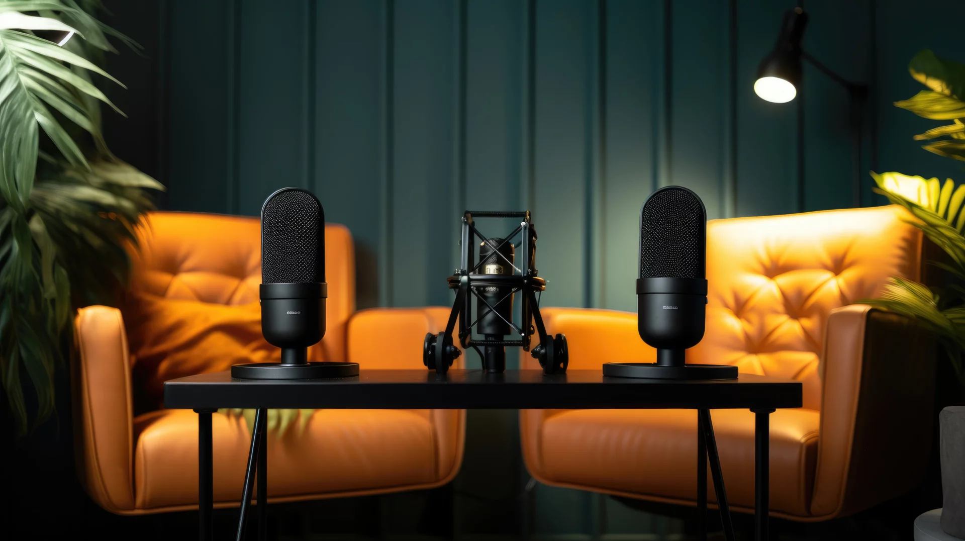 Studio audio avec fauteuils orange et micros pour podcast d’entreprise