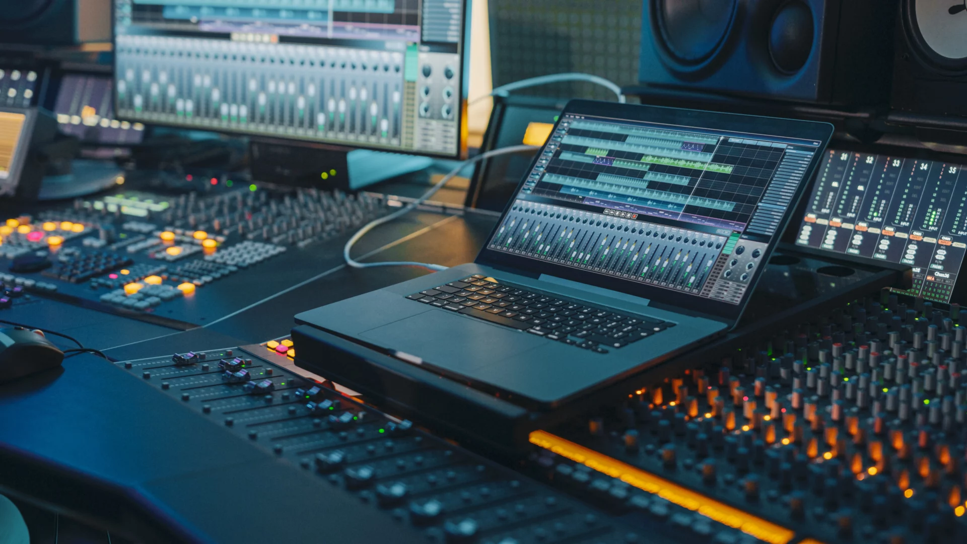 Studio d’enregistrement professionnel avec ordinateur et table de mixage, représentant la création d’une identité sonore durable pour PME.