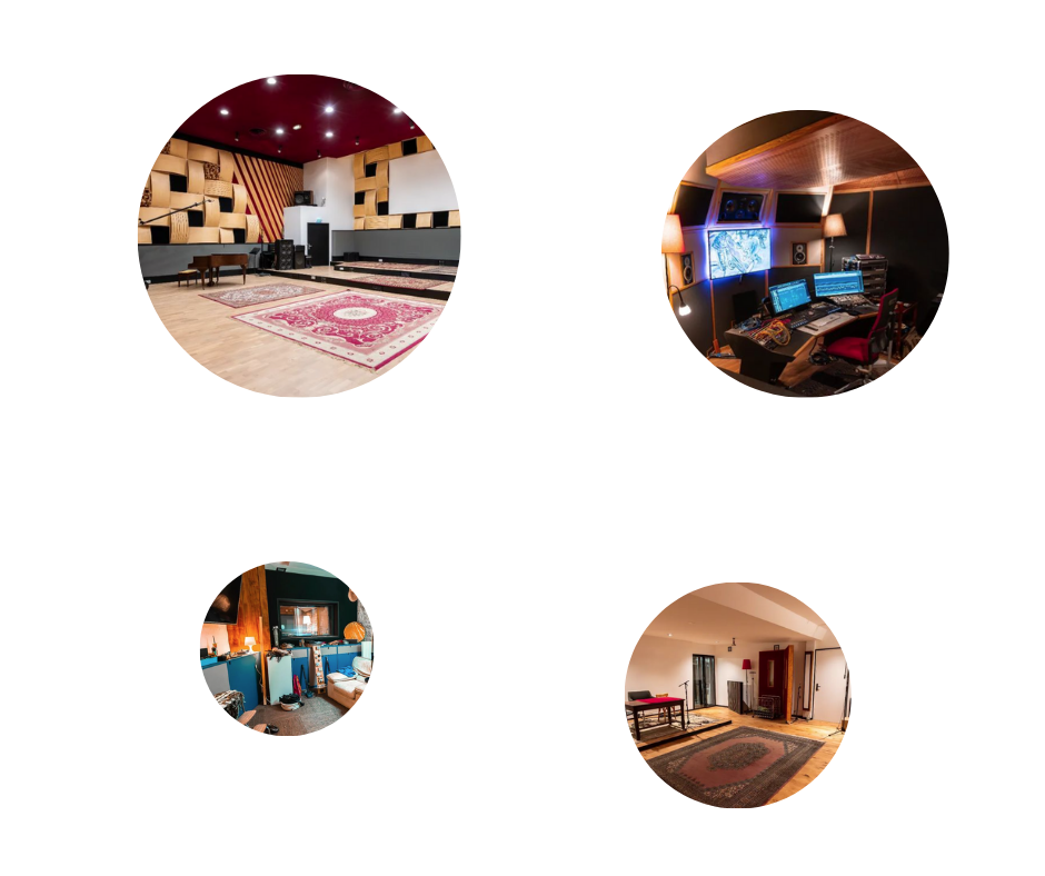 Montage de quatre images représentant des studios insonorisés et équipés pour l'enregistrement de bruitages et la création sonore.