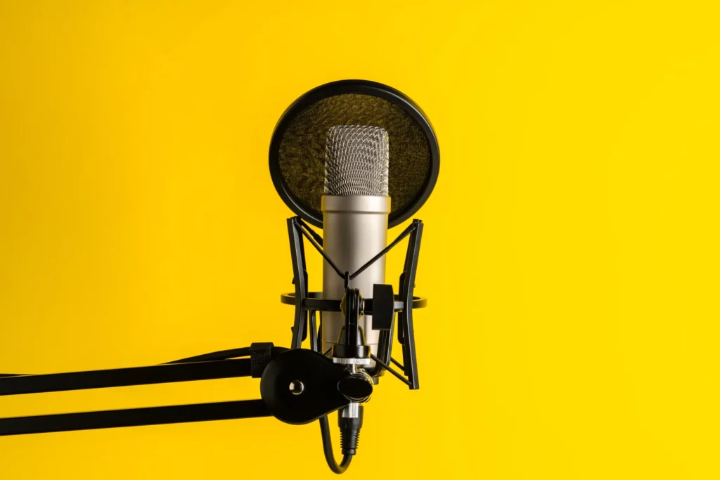 Microphone studio argenté avec filtre anti-pop, représentant l'importance de l'identité sonore en entreprise
