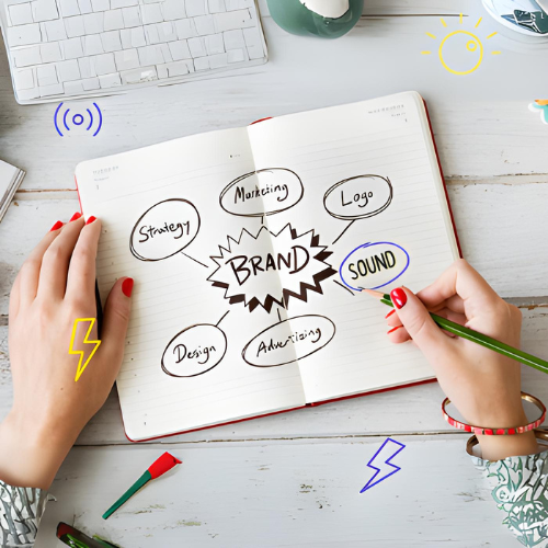 Un carnet ouvert sur un bureau avec le mot 'Brand' au centre entouré de bulles contenant 'Marketing,' 'Logo,' 'Strategy,' 'Design,' 'Advertising,' et 'Sound,' mis en évidence. Une main tient un crayon vert, prête à écrire.