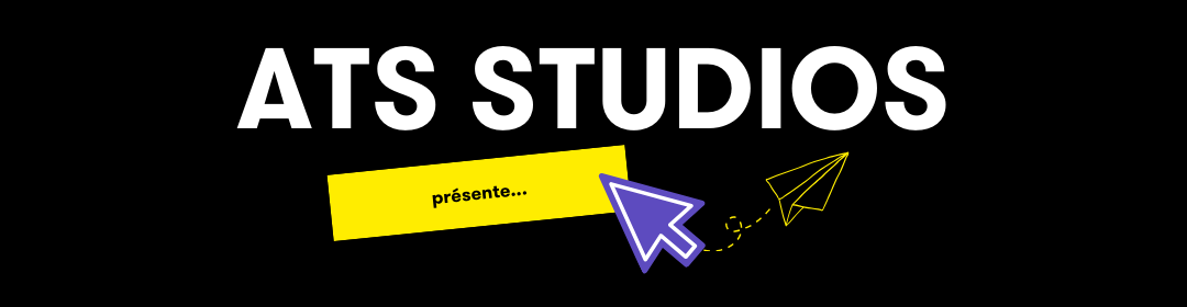 Logo ATS Studios sur fond noir, avec le texte 'présente...' en jaune, accompagné d'une flèche violette et d'une icône d'avion en papier.