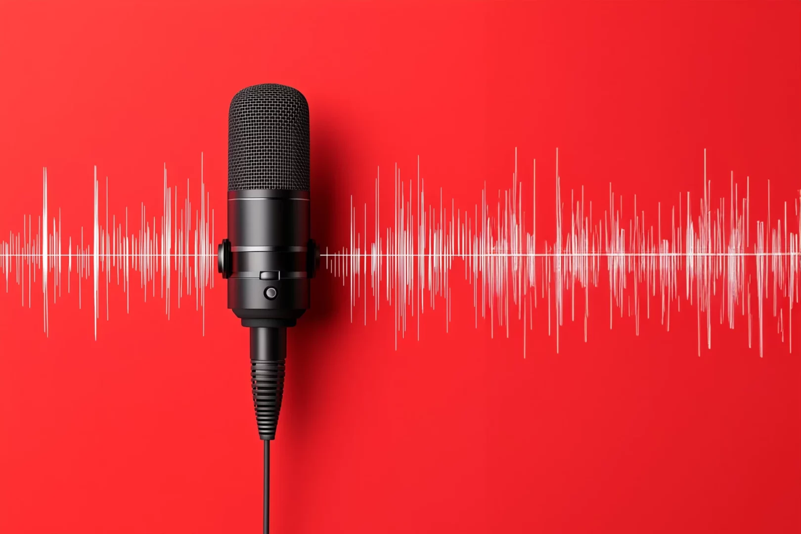 Microphone professionnel sur fond rouge avec des ondes sonores blanches, illustrant l'importance d'une strategie de communication sonore en entreprise.