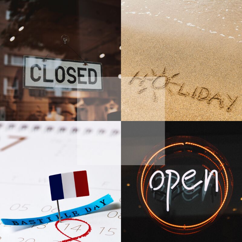 Enseignes fermées, calendrier et plages illustrant les périodes clés à sonoriser pour l’information client