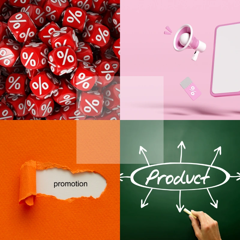 Illustrations de promotions commerciales et marketing produit, en lien avec des messages audio adaptés