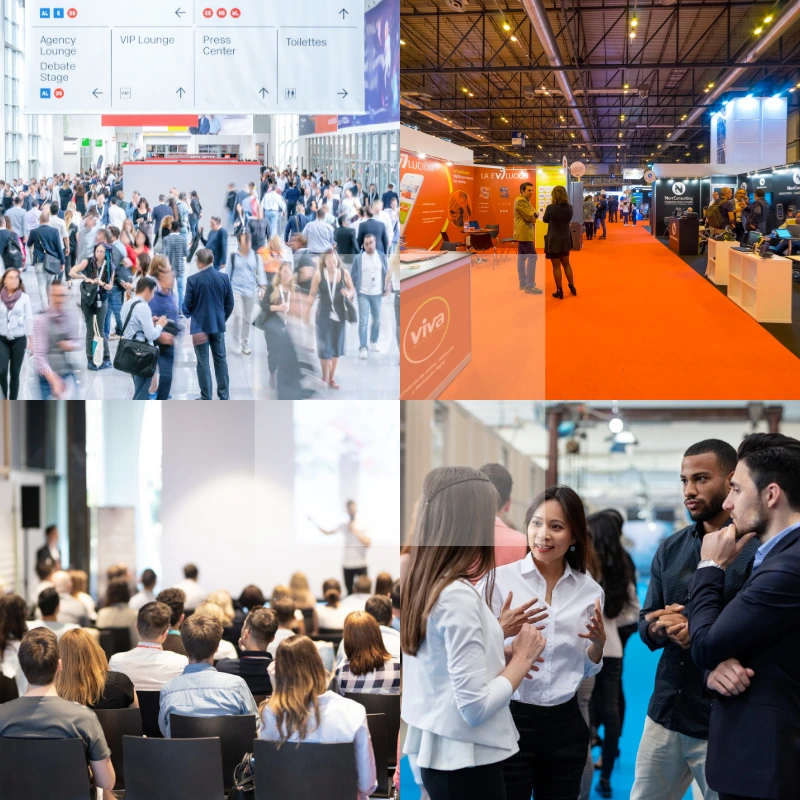 Scènes de salons professionnels et conférences, symbolisant les opportunités de communication sonore en événementiel