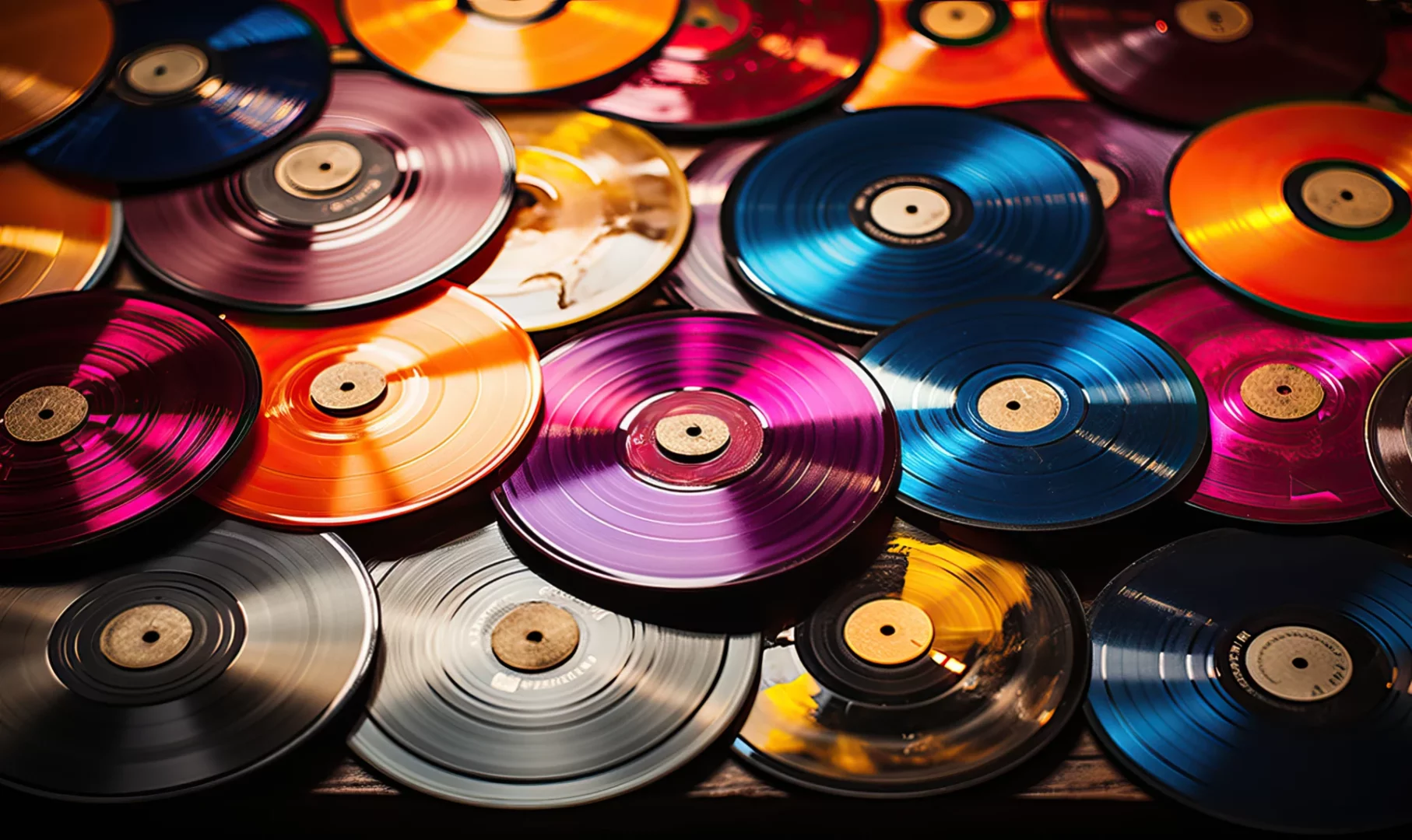Collection de disques vinyles multicolores illustrant la richesse de la communication sonore