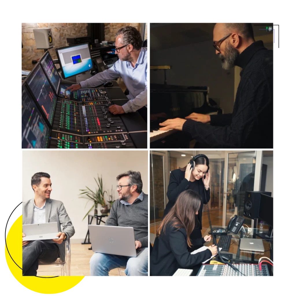 Techniciens du son travaillant en studio sur une signature sonore d’entreprise