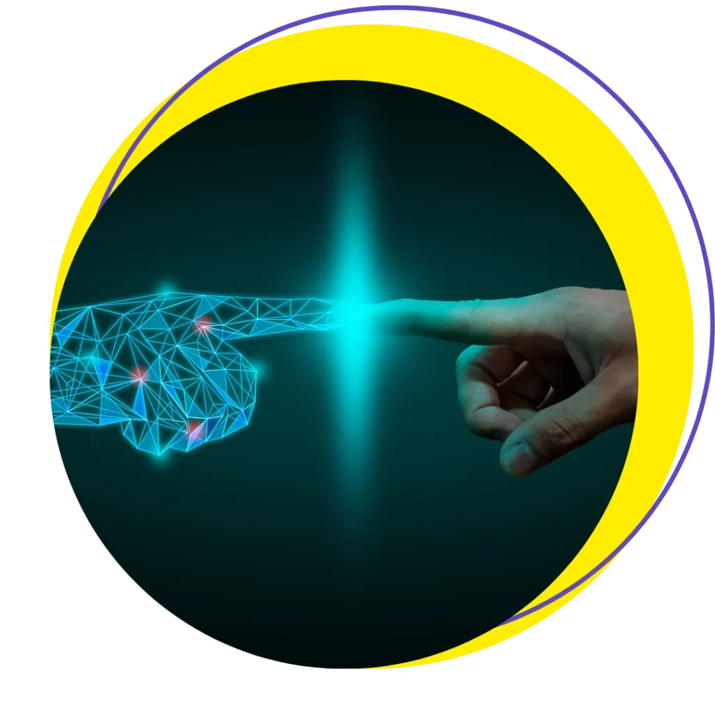 Interaction entre une main humaine et une main digitale symbolisant l’expérience phygitale sonore