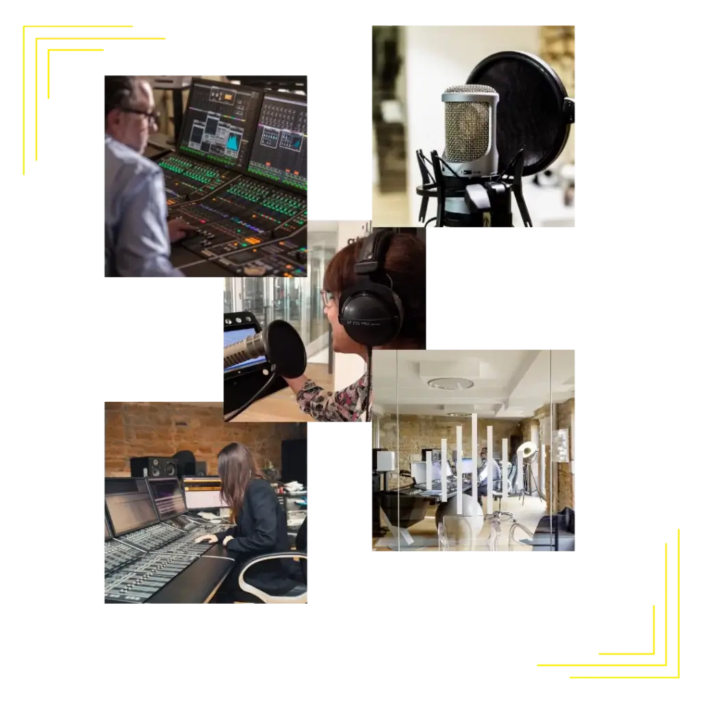 Montage de photos montrant des équipements et studios d’enregistrement