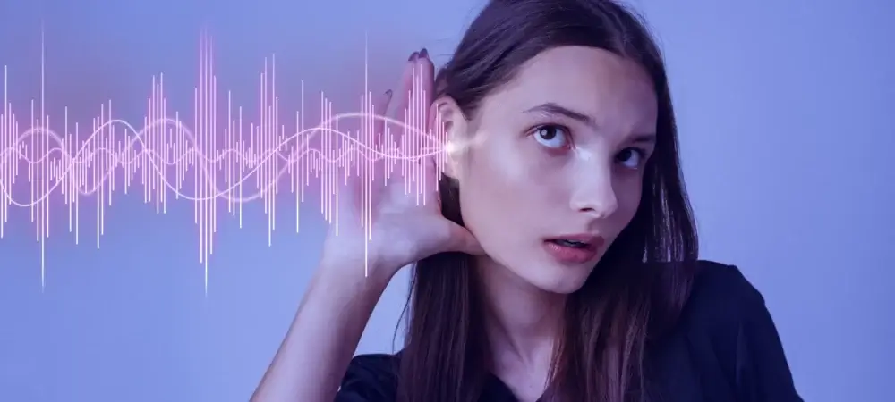 Femme attentive à une onde sonore numérique illustrant une technologie d'innovation en communication sonore