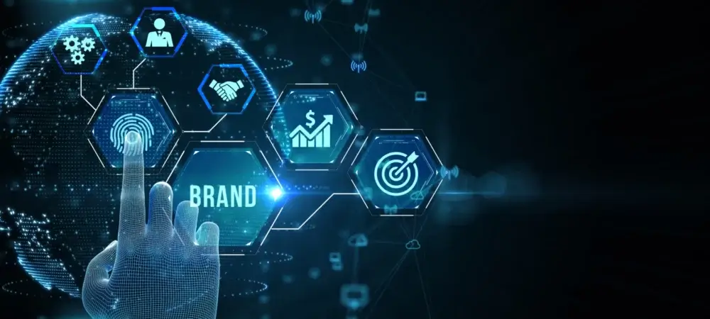 Main numérique interagissant avec une interface virtuelle illustrant le concept d'identité de marque et de stratégie de branding