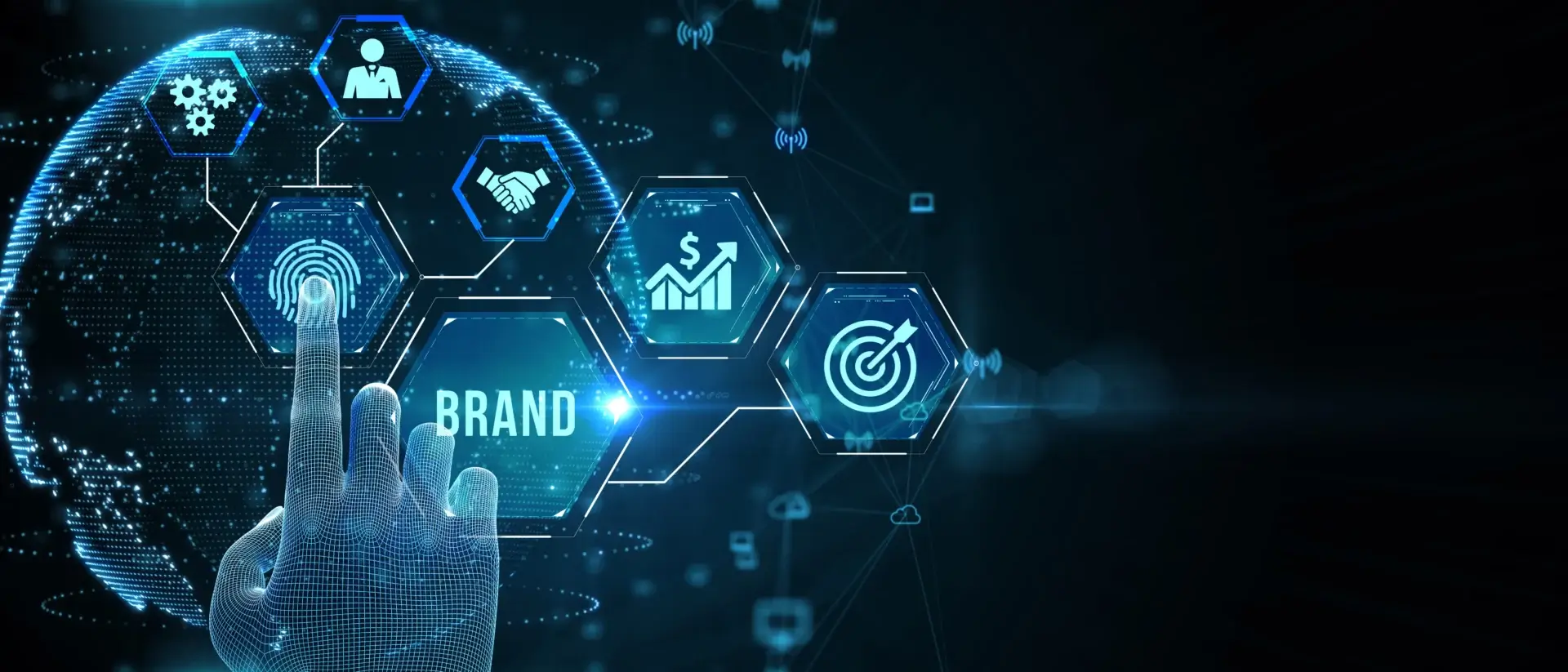 Main numérique interagissant avec une interface virtuelle illustrant le concept d'identité de marque et de stratégie de branding