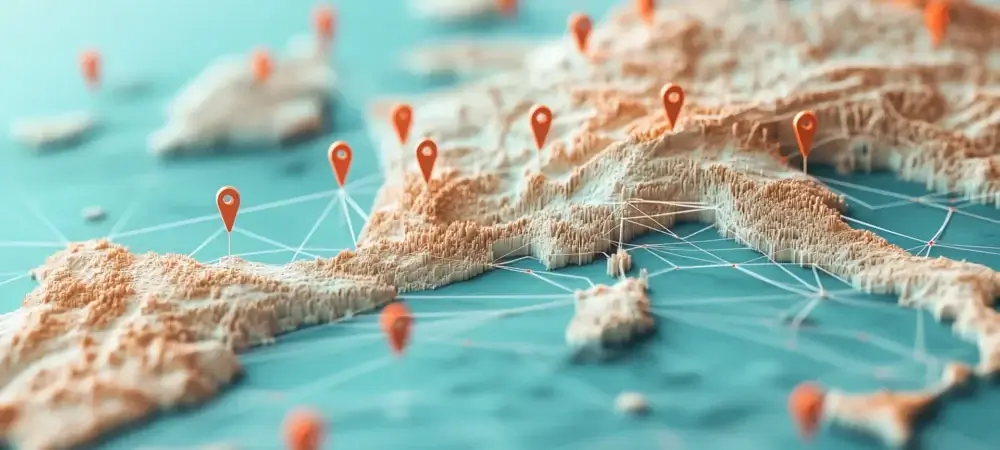 Carte 3D d’Europe illustrant les connexions entre territoires avec des repères géolocalisés – communication territoriale