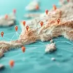 Carte 3D d’Europe illustrant les connexions entre territoires avec des repères géolocalisés – communication territoriale