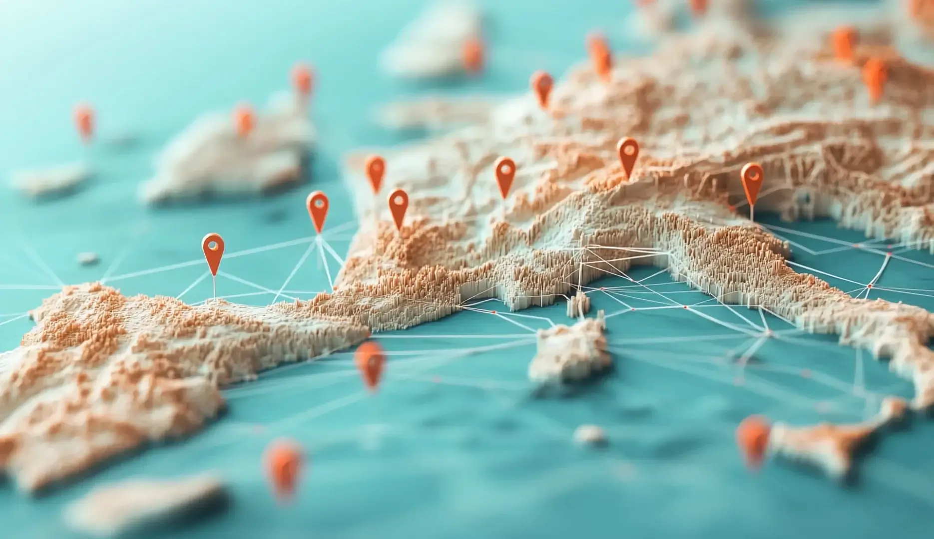 Carte 3D d’Europe illustrant les connexions entre territoires avec des repères géolocalisés – communication territoriale